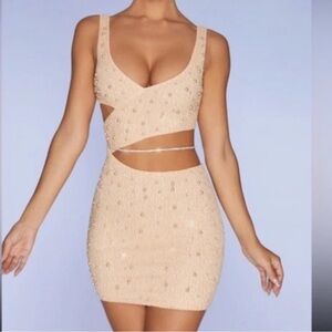 OH Polly Beaded Peach Dress with Pearl Accents